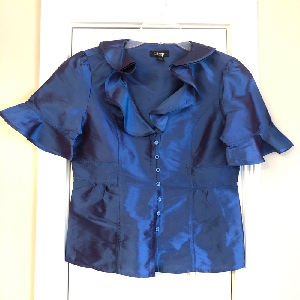 Filigree vintage blue silk ruffle button up jacket/ top.  New Sz S
